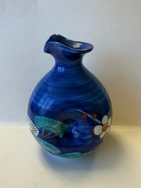 Gen'emon Kiln Arita Ware Pottery Studio Bright Blue Floral Sake Bottle or Vase